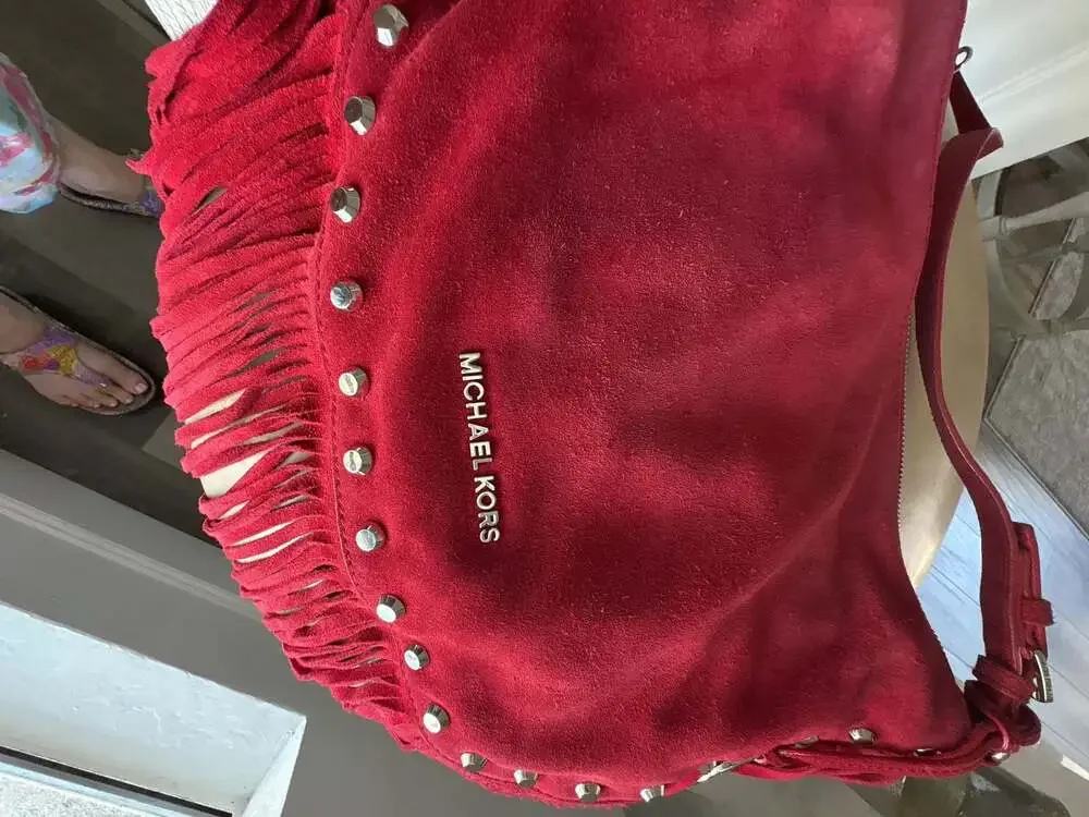 MICHAEL Michael Kors Red Suede Billy Large Fringe Hobo Bag